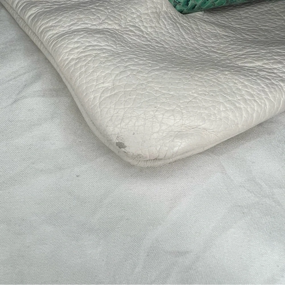 Iacucci White Pebbled Leather Large Clutch, Teal Snake Skin Leather Accent